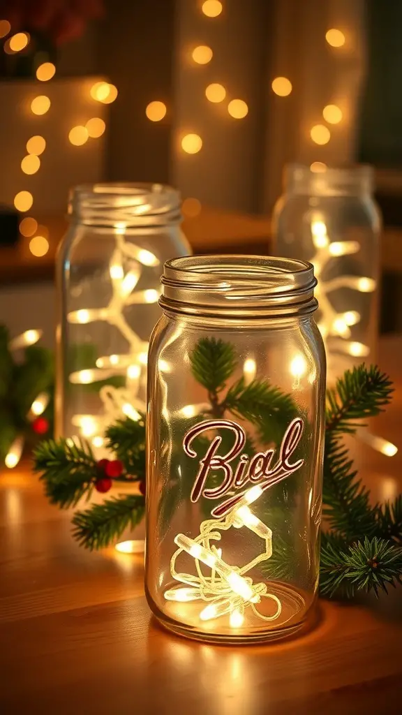 31+ Creative DIY Christmas Decorations You Can Make at Home 10 Mason jar lanterns with fairy lights and greenery, creating a cozy holiday atmosphere.