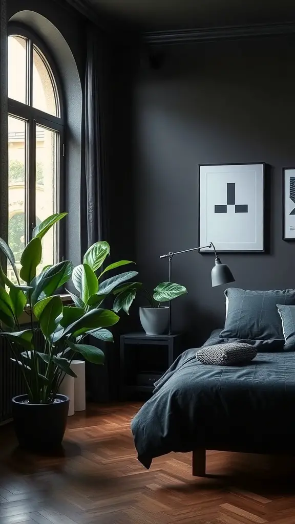 A dark modern bedroom featuring indoor plants for contrast.