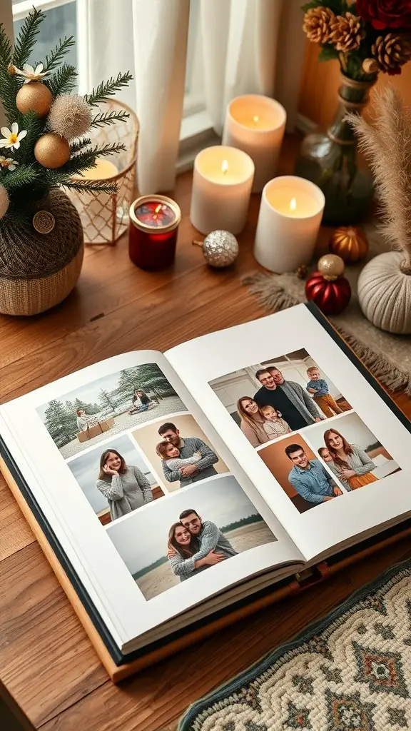 A personalized photo album open on a wooden table, displaying various family photos, surrounded by candles and holiday decorations.