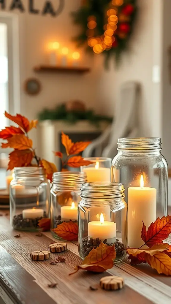 Candlelit mason jars surrounded by autumn leaves on a wooden table