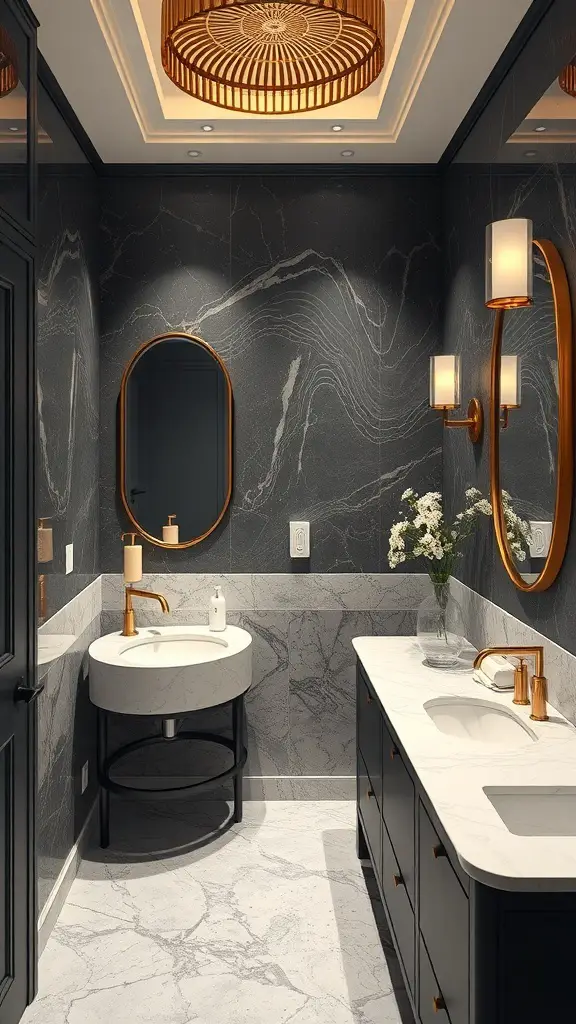 27+ Stunning Statement Powder Room Ideas to Transform Your Space 13 Luxurious powder room with dark marble walls, light marble flooring, modern fixtures, and stylish lighting.