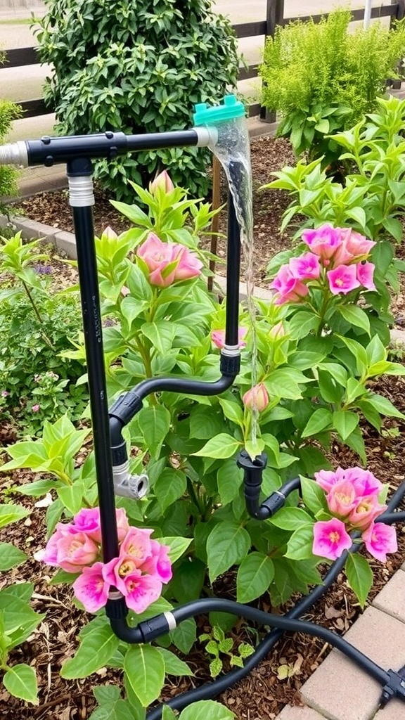 19+ Stunning Crepe Myrtle Landscaping Ideas to Transform Your Garden 16 A watering system spraying water over pink crepe myrtle flowers in a garden.
