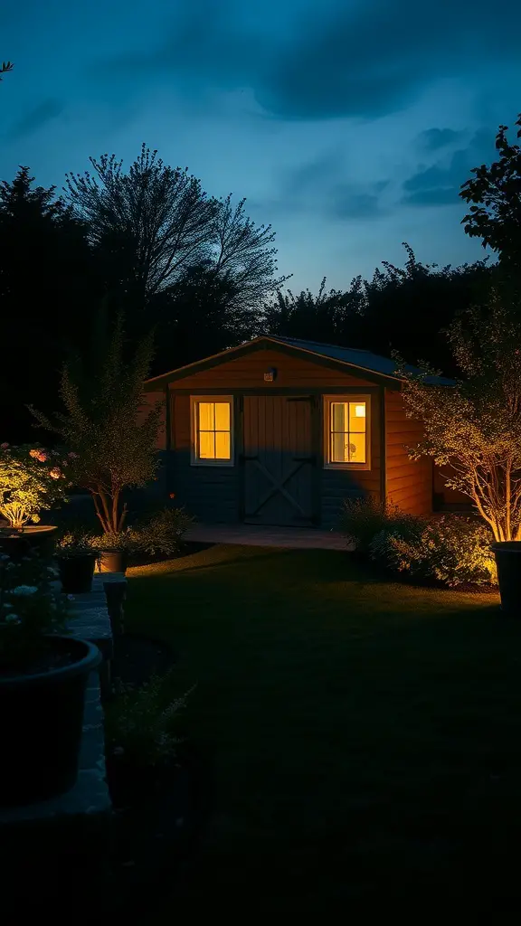 21+ Stunning Shed Landscaping Ideas to Transform Your Garden 12 A cozy shed illuminated by warm lights at night, surrounded by plants and trees.