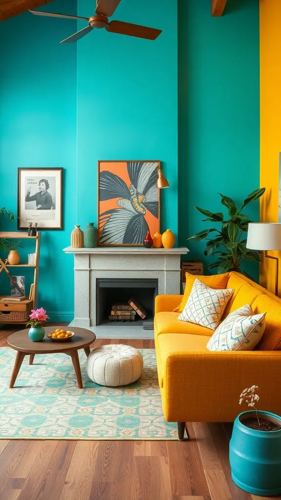 A vintage modern living room featuring turquoise and yellow walls, a yellow sofa, and colorful decor.