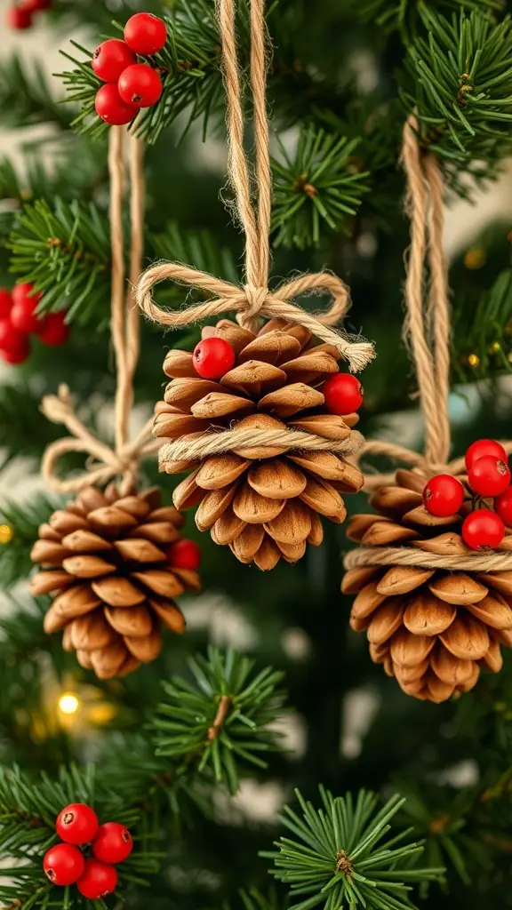 Rustic pinecone ornaments hanging on a Christmas tree, adorned with red berries and twine.