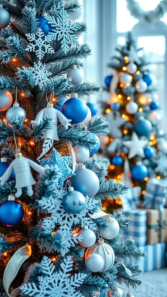 A beautifully decorated blue and white Christmas tree with snowflake ornaments and warm lights.
