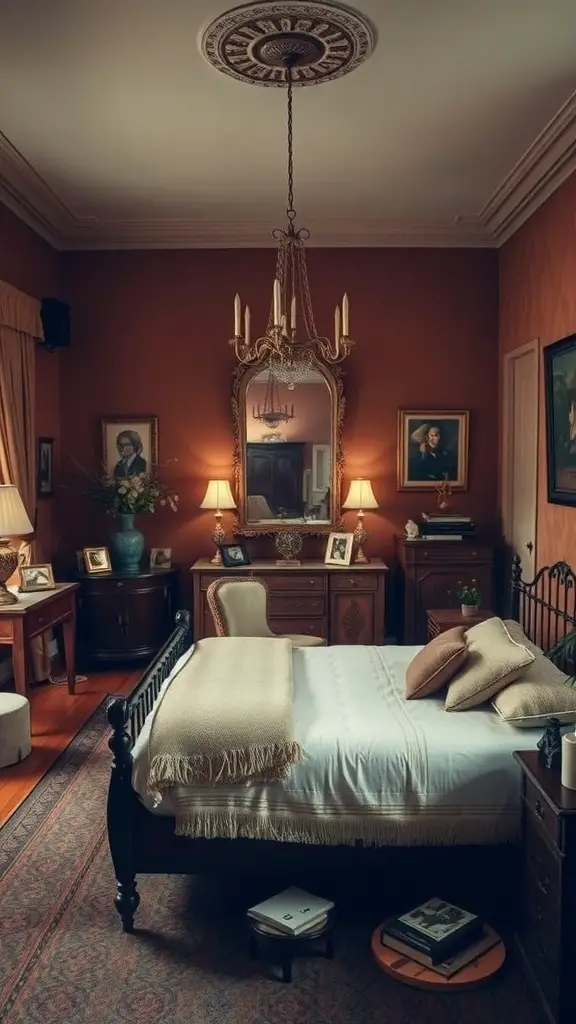 A vintage-style bedroom with brown walls, classic furniture, and warm lighting.