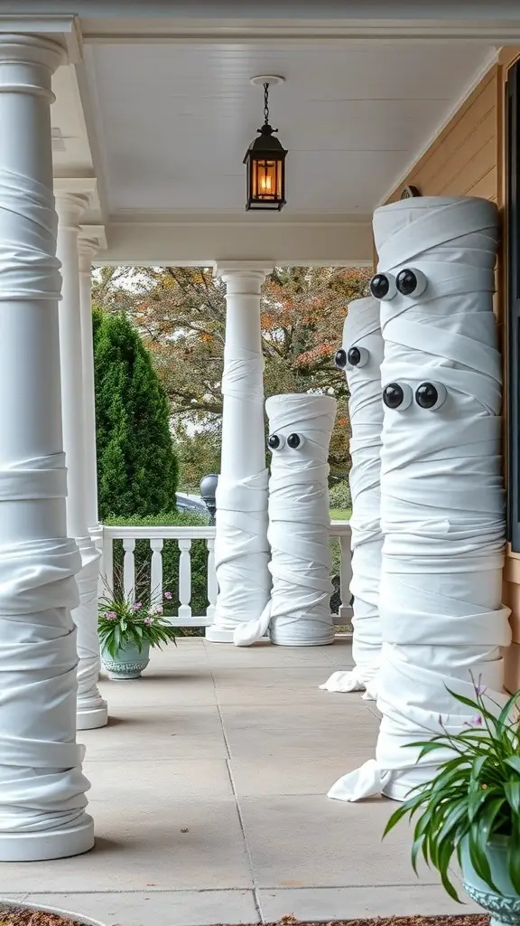 29+ Creative Halloween Porch Ideas to Spookify Your Home 12 Pillars wrapped in white fabric with googly eyes, resembling mummies, on a porch.