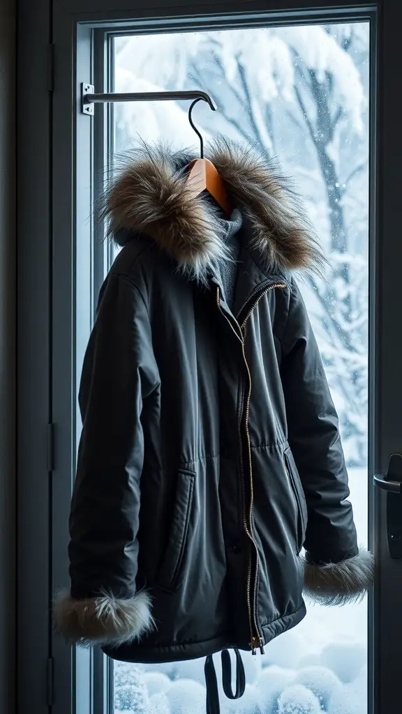 A stylish winter jacket with a fur-lined hood hanging by a snowy window.