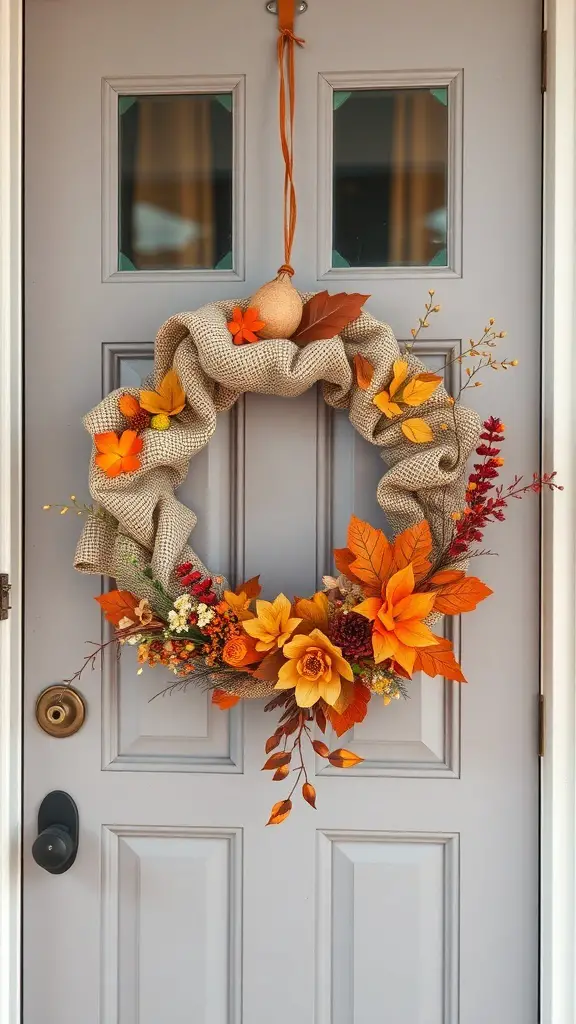 29+ Creative Thanksgiving Party Decorations You Need to Try 12 A chic Thanksgiving wreath made of burlap, flowers, and autumn leaves, hanging on a front door.