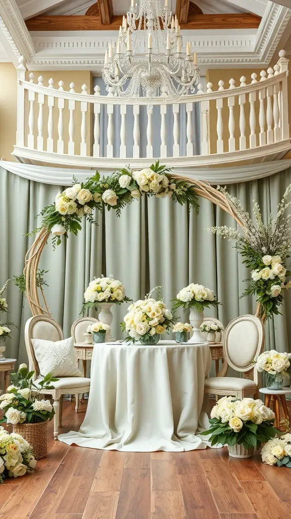 27+ Stunning Wedding Theme Color Schemes to Inspire Your Big Day 17 A wedding setup featuring vintage sage and ivory colors with floral arrangements and elegant furniture.