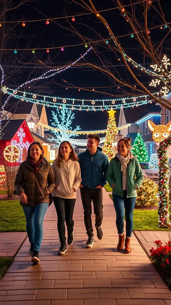 31+ Creative Friendsmas Party Ideas You’ll Love 21 A group of friends walking through a beautifully lit area with Christmas decorations.