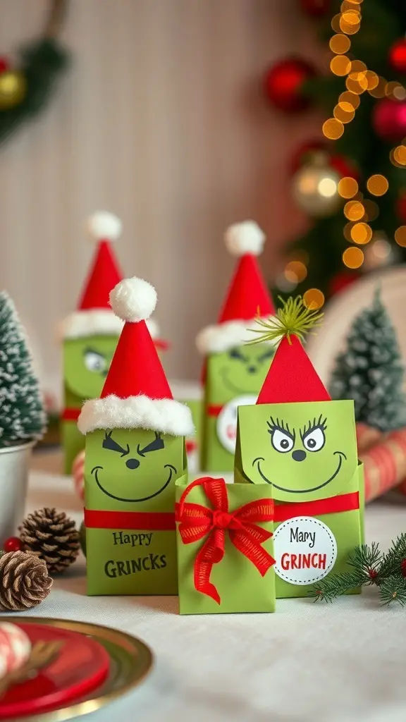29+ Creative Dollar Tree Grinch Ideas to Spread Holiday Cheer 9 Grinch-themed party favors in green boxes with Santa hats