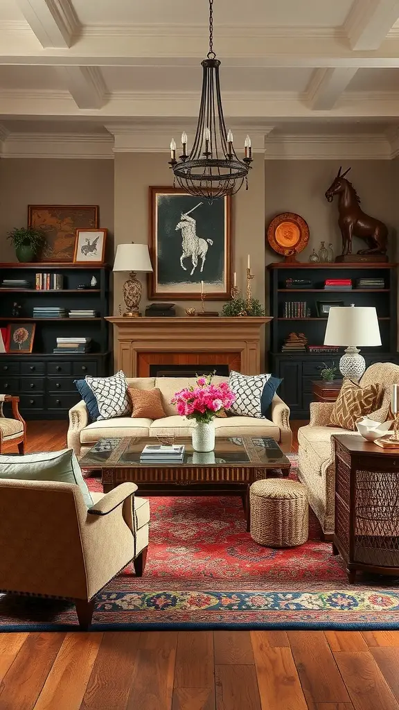 29+ Stunning Ralph Lauren Home Living Room Ideas for an English-Inspired Aesthetic 8 A stylish Ralph Lauren living room featuring a cozy sofa, accent chairs, a coffee table, and decorative elements.