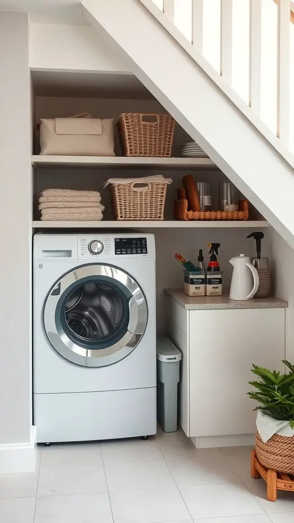 25+ Creative Under Stairs Storage Ideas for Every Home 9 Laundry space under stairs with washing machine and organized shelves