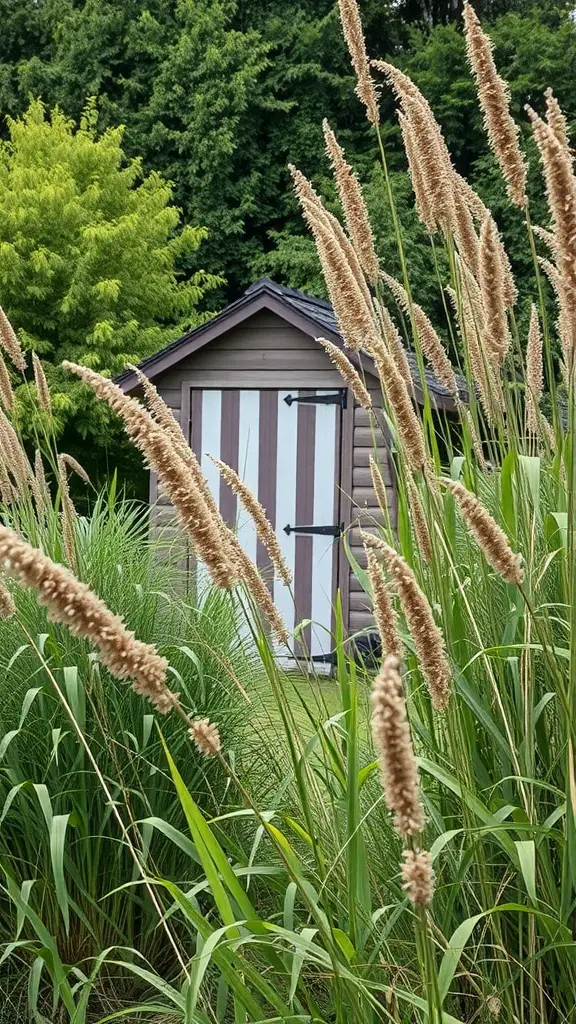 21+ Stunning Shed Landscaping Ideas to Transform Your Garden 3 A shed surrounded by tall ornamental grasses, creating a cozy garden scene.