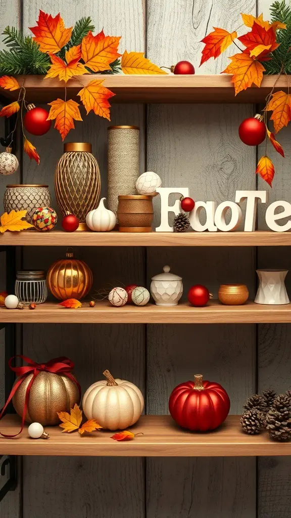A shelf decorated with autumn-themed decor, including pumpkins, leaves, and ornaments.
