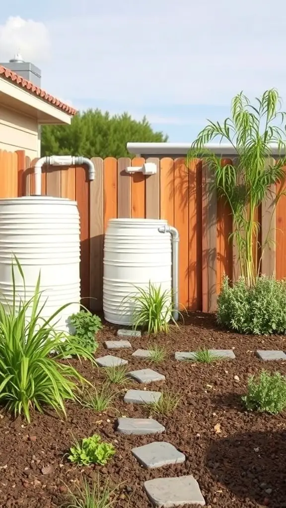 A backyard with rain barrels and a stone pathway surrounded by plants.