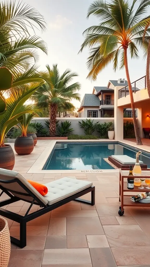 17 Stylish Patio Furniture Layout Ideas for Your Outdoor Space 15 Chic poolside lounge with a lounge chair, palm trees, and a drink cart.