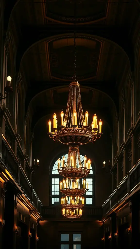 35+ Essential Dark Academia Decor Ideas for a Cozy Aesthetic 16 Elegant chandeliers with warm candlelight in a dark academia interior