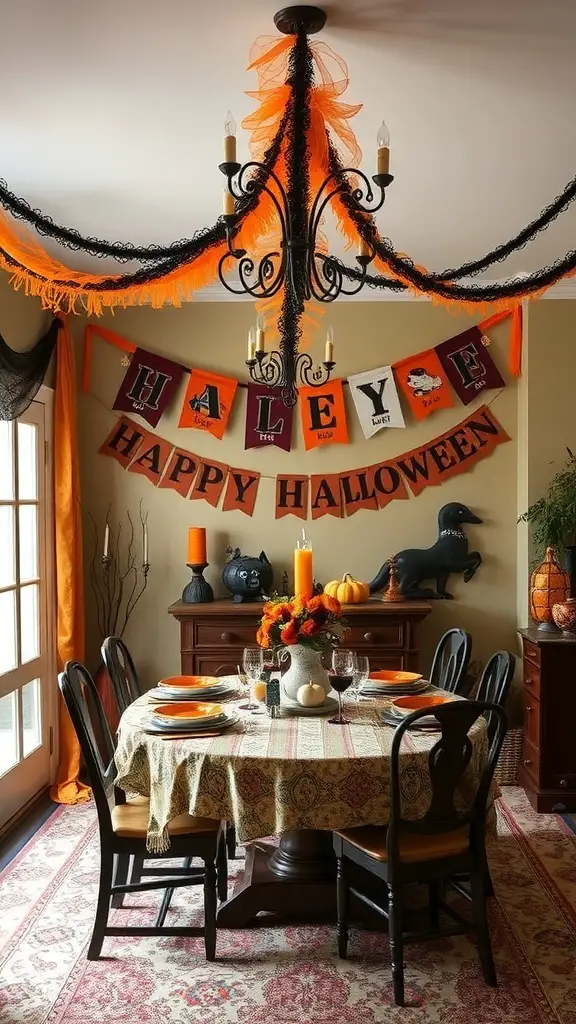 27+ Enchanting Vintage Halloween Decorations to Elevate Your Spooky Season 9 A cozy dining area decorated with a 'HALLOWEEN' banner, orange streamers, and pumpkin motifs.