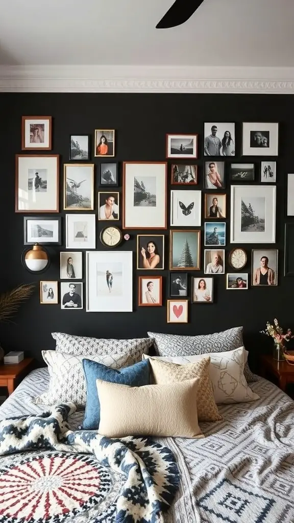 A dark boho bedroom featuring a gallery wall with various framed photos and art, illuminated by string lights.