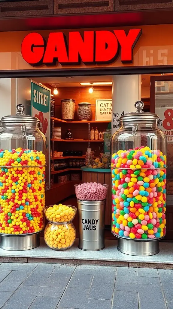 Colorful candy jars displayed outside a candy shop