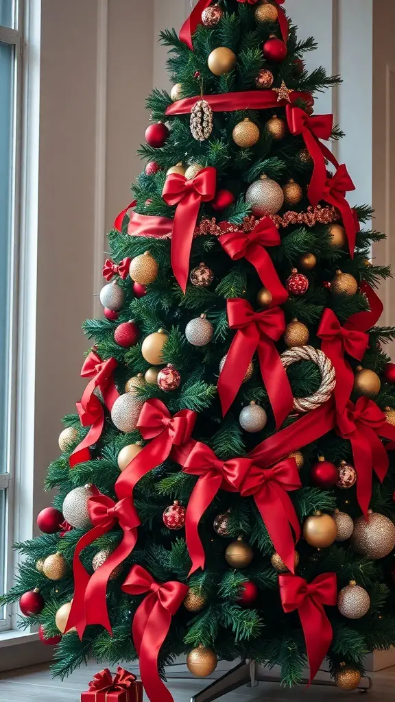 A beautifully decorated Christmas tree with red ribbons and gold and silver ornaments.