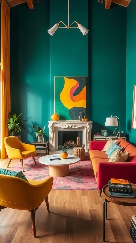 A mid-century modern living room featuring teal walls, an orange sofa, yellow chairs, and colorful artwork.