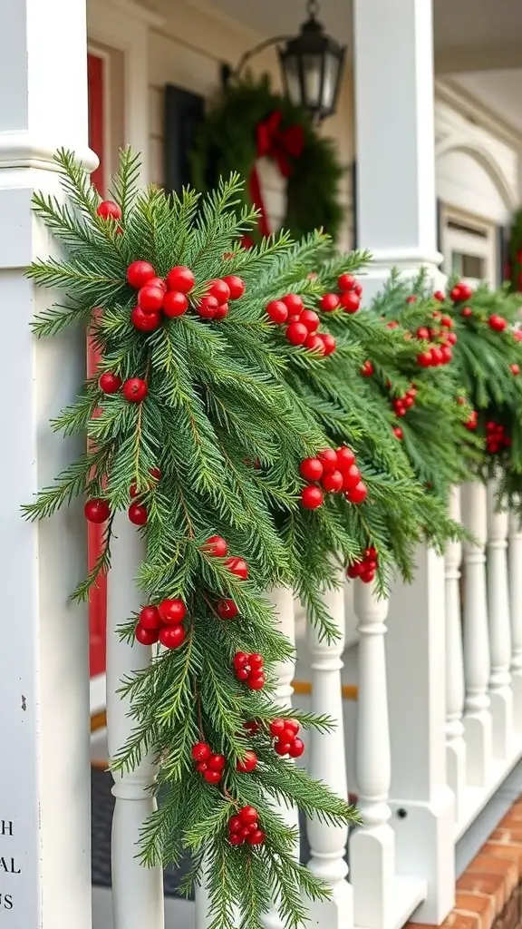 Rustic garland with red berries draped across porch railings