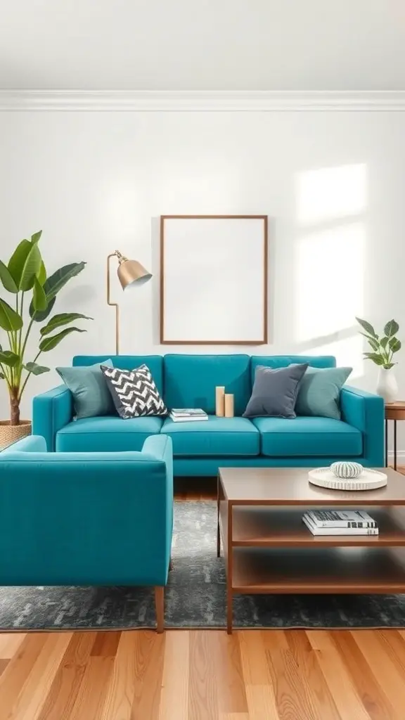 A living room featuring a teal couch, a wooden coffee table, and decorative plants.