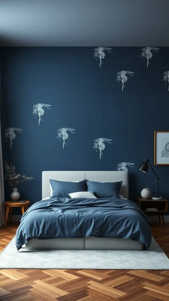 37+ Stunning Dark Blue Bedroom Ideas for a Cozy Retreat 14 A stylish bedroom with dark blue wall murals featuring artistic designs, complemented by cozy bedding and wooden furniture.
