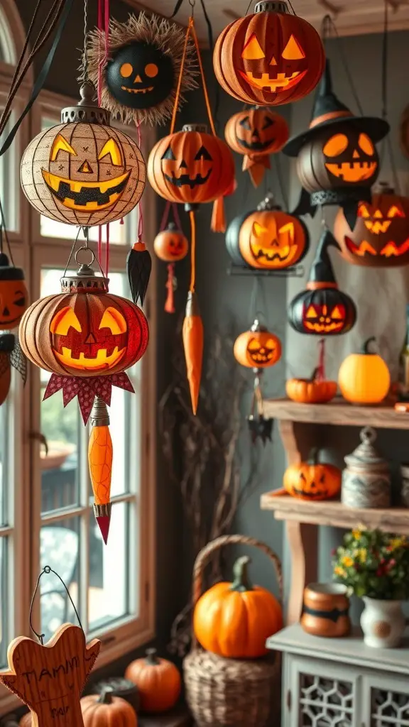 27+ Enchanting Vintage Halloween Decorations to Elevate Your Spooky Season 3 Colorful retro paper mache Halloween decorations hanging with glowing pumpkins