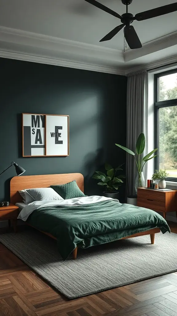 35+ Stunning Dark Green Bedroom Ideas for a Cozy Retreat 6 A dark green bedroom featuring wooden furniture, green bedding, and plants by the window.