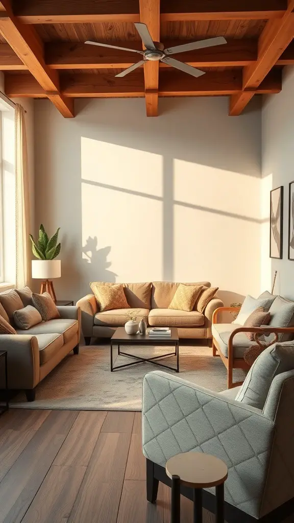A cozy living room with plush sofas, warm wooden beams, and natural light.