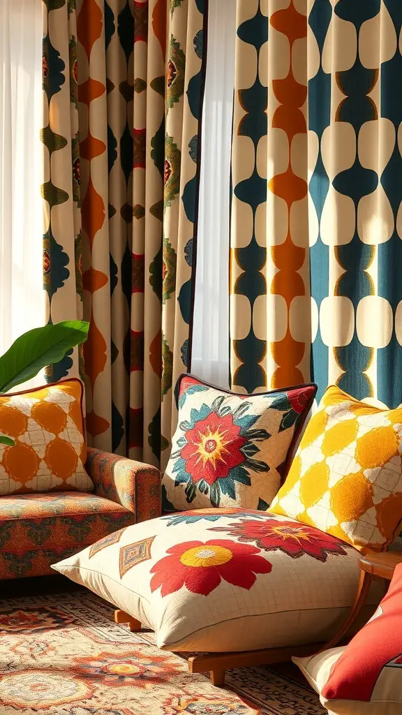 31+ Inspiring Mid Century Decor Ideas for a Stylish Home 8 A cozy living room with mid-century decor featuring geometric patterned curtains and colorful cushions.