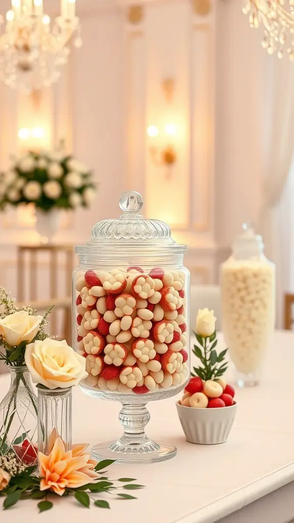 Elegant candy jars filled with colorful sweets, surrounded by flowers on a wedding table.
