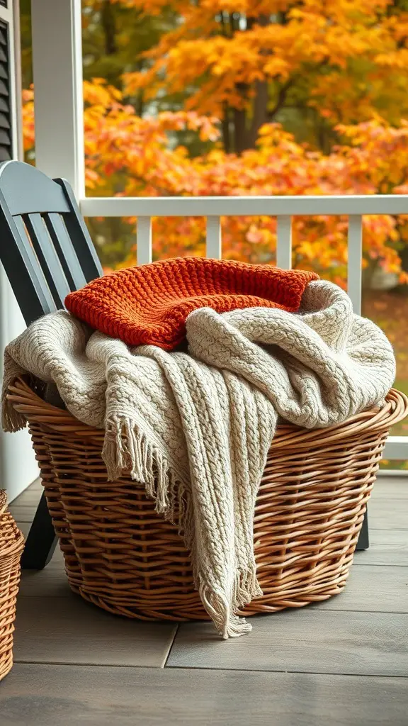 A cozy blanket basket filled with warm blankets on a fall porch