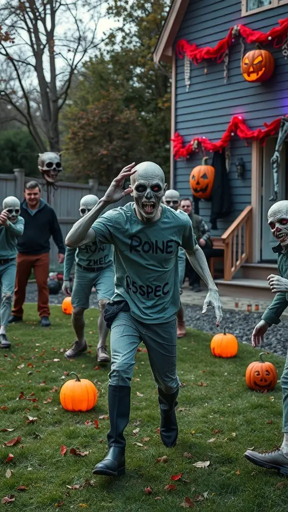 19+ Exciting Halloween Carnival Games for Spooktacular Fun 11 Children playing Zombie Tag in a backyard decorated for Halloween