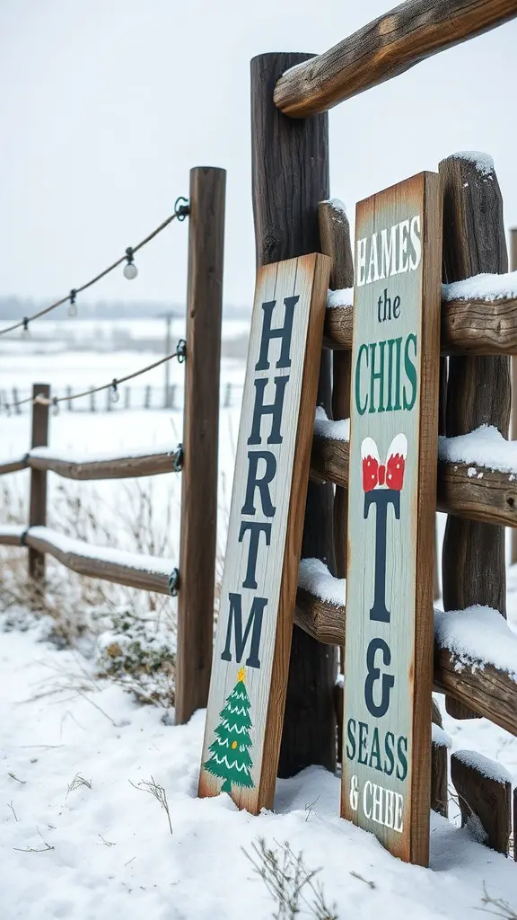 Wooden Christmas signs with festive designs in a snowy outdoor setting.