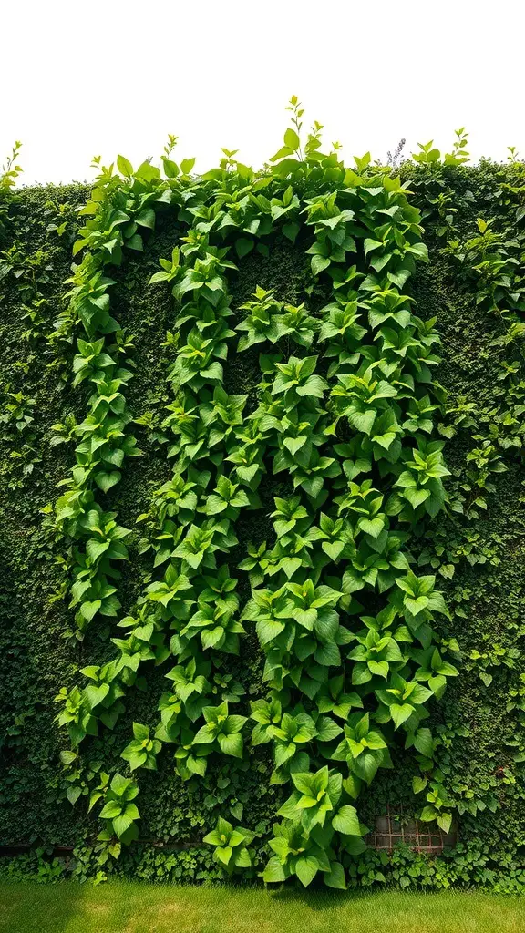A wall covered with lush green fake vines, creating a vibrant vertical garden.