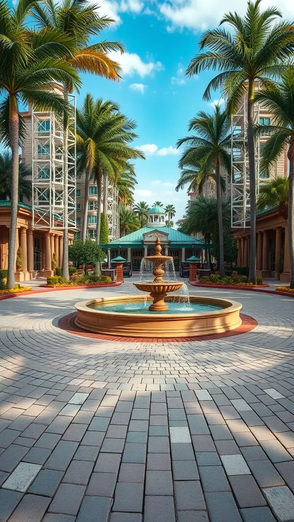 A beautifully landscaped circle driveway featuring a central fountain surrounded by palm trees and colorful flowers.