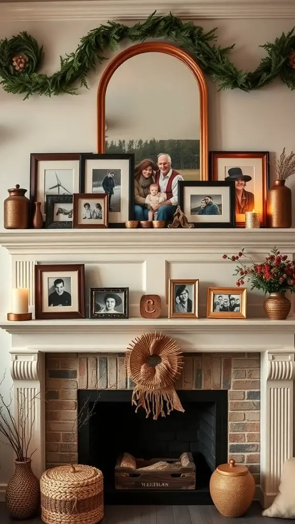 33+ Creative Christmas Mantle Decor Ideas to Transform Your Home 7 A cozy Christmas mantle decorated with family photos, a green garland, and earthy decor.