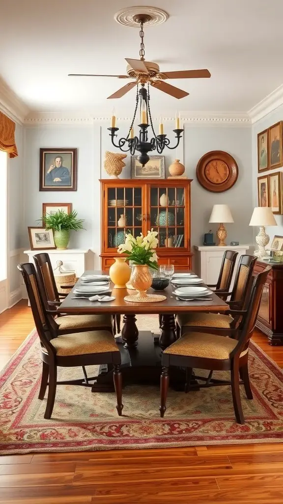 25+ Stunning Ralph Lauren-Inspired Interior Design Ideas 2 A classic American heritage dining room with a wooden table, elegant chairs, and a chandelier.