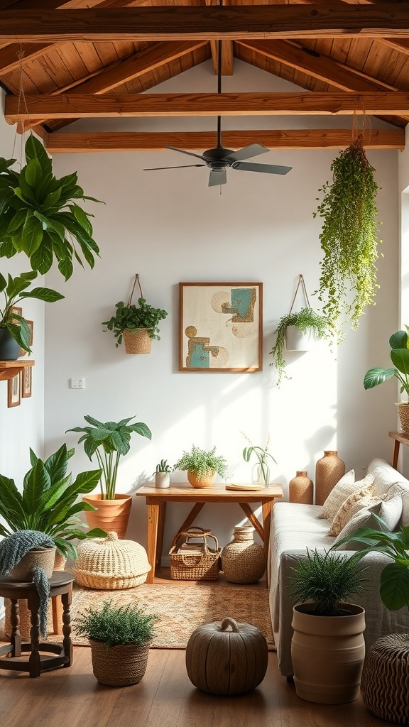 27+ Vintage Farmhouse Living Room Ideas for Cozy Charm 14 A vintage farmhouse living room with indoor plants and natural elements.