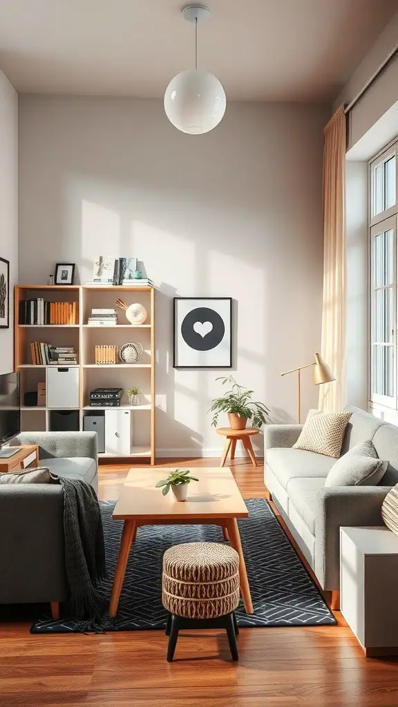25+ Stunning Items to Achieve a Stockholm-Style Room Makeover 10 A stylish living room with two sofas, a coffee table, and a bookshelf, showcasing Stockholm style.