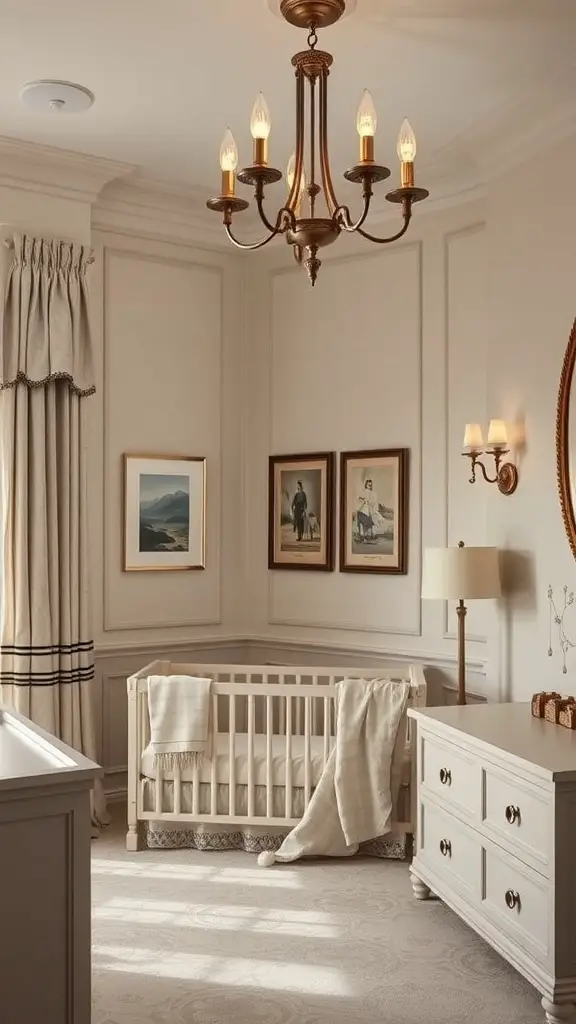 27+ Stunning Ralph Lauren Nursery Ideas for Your Little One 16 A beautifully designed nursery with a chandelier and soft lighting.