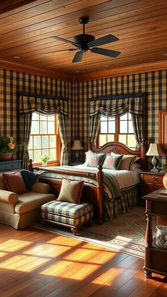 29+ Stylish Ralph Lauren Bedroom Ideas for a Cozy Retreat 6 A classic American bedroom featuring plaid wallpaper, wooden ceiling, and cozy furnishings.