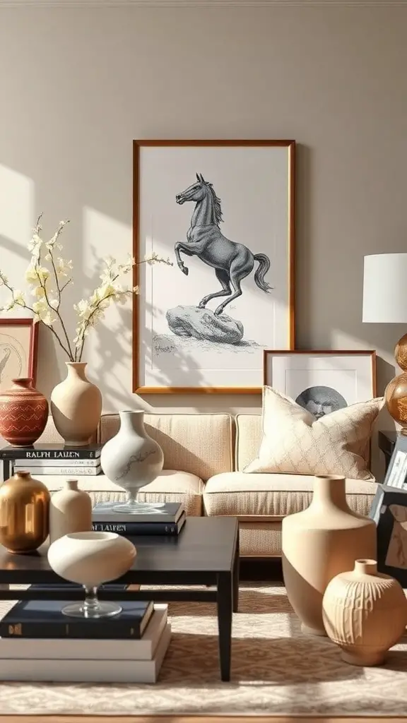 25+ Stunning Ralph Lauren-Inspired Interior Design Ideas 15 Stylish living room with vases, artwork, and books, showcasing Ralph Lauren design.