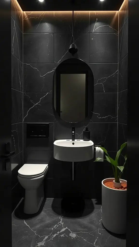 27+ Dark and Moody Powder Room Decor Ideas for a Chic Makeover 14 A dark moody powder room with dark tiles, a compact sink, and a potted plant.